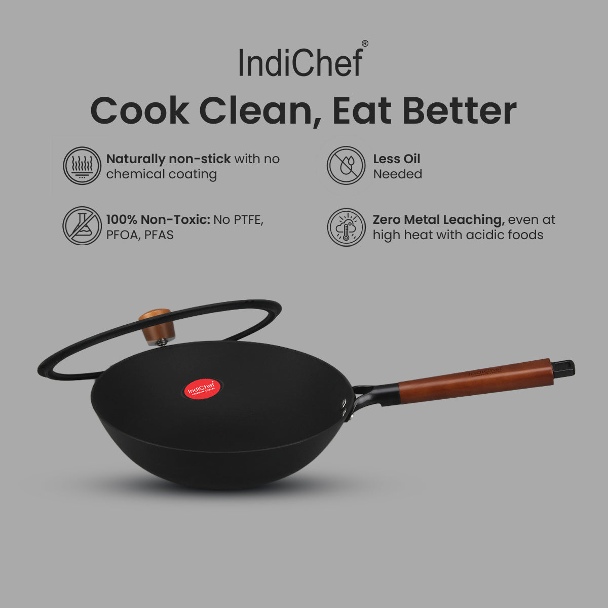 IndiChef Cast Iron Deep Frying Pan with Cover | Cooking Utensil for Frying Saute and Stir Cooking Use | Metal Kadai with Lid for Kitchen Cooking Tasks | Round Deep Pan for Oil Based Cooking Food