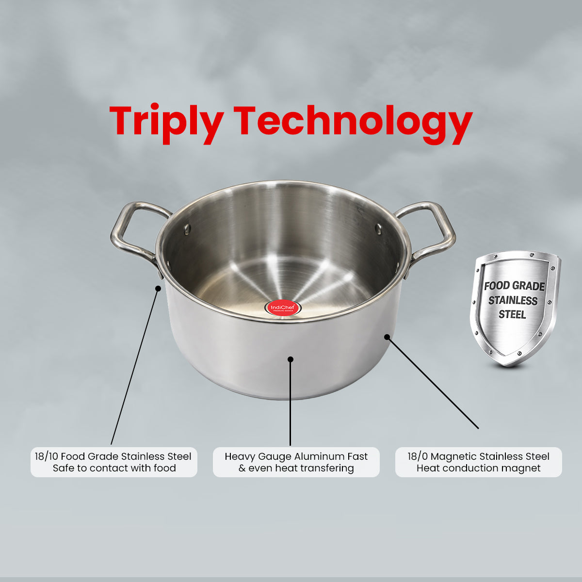 IndiChef Tri-Ply Stainless Steel Saucepot/Casserole | Heavy-Duty Base for Less-oil, Healthy Cooking | Suitable for Induction & Gas | Durable, Scratch-Resistant Surface |