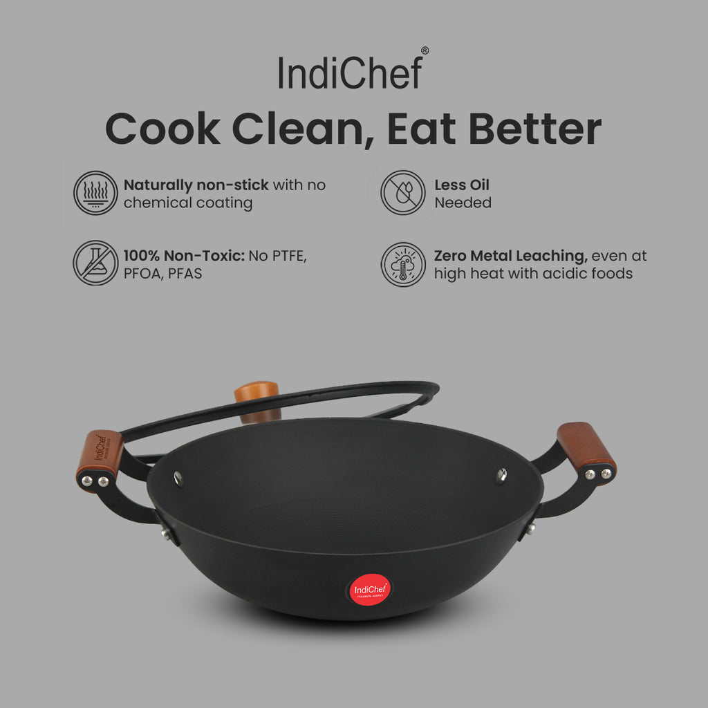 IndiChef Cast Iron Kadahi Cooking Pan with Lid | for Kitchen Frying Saute Cooking Use | Deep Kadhai with Cover | Metal Body Cooking Utensil | Gas Stove Compatible Cooking Pan with Handle and Lid