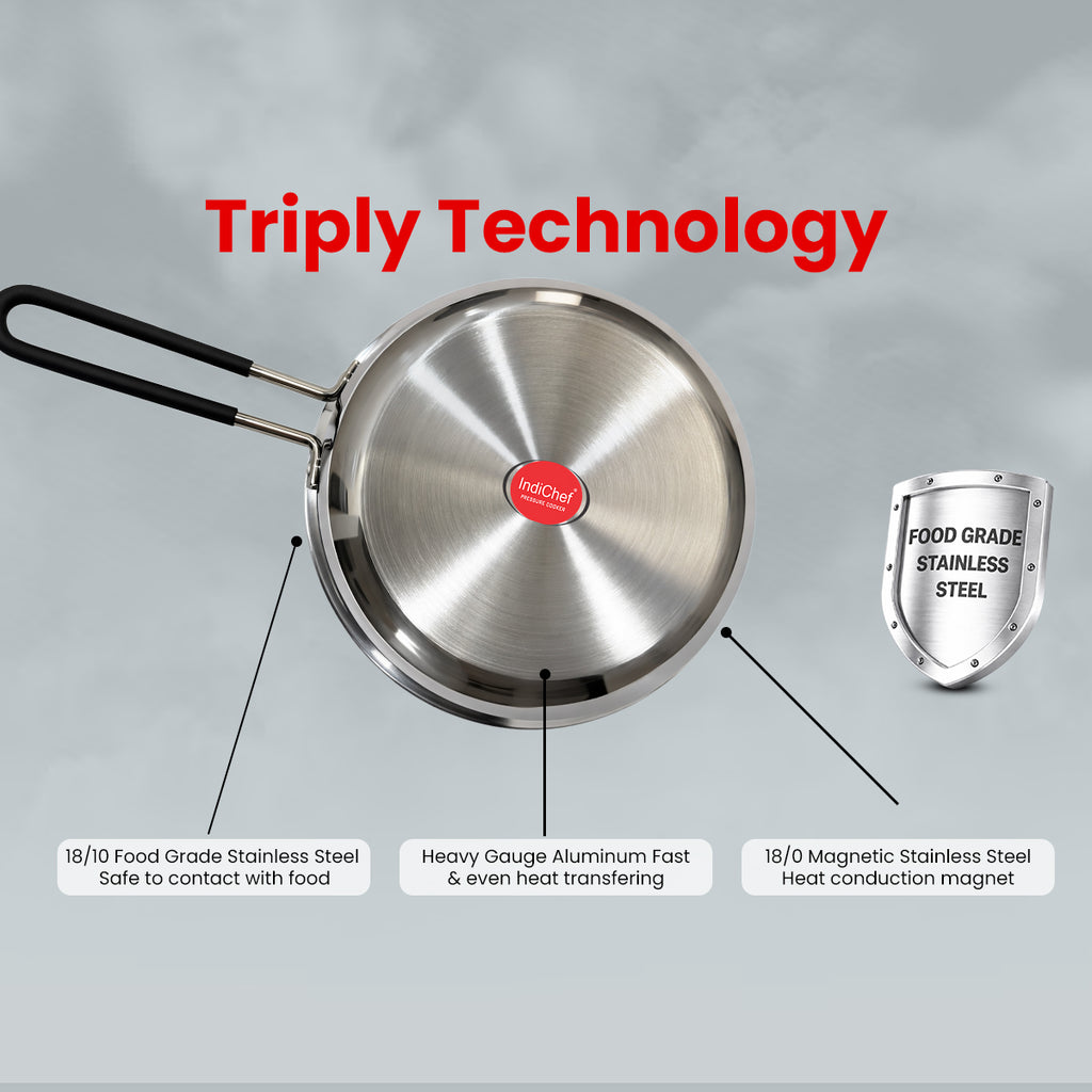 IndiChef Tri-Ply Stainless Steel Fry Pan | Heavy-Duty Base for Less-oil, Healthy Cooking | Suitable for Induction & Gas | Durable, Scratch-Resistant Surface |