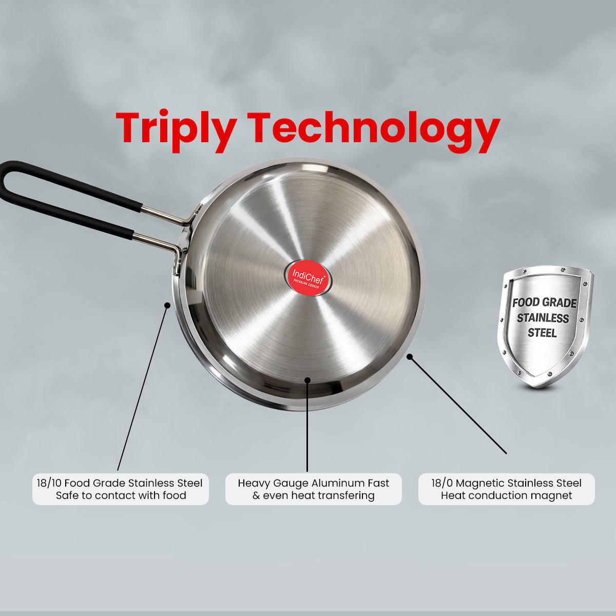 IndiChef Tri-Ply Stainless Steel Fry Pan | Heavy-Duty Base for Less-oil, Healthy Cooking | Suitable for Induction & Gas | Durable, Scratch-Resistant Surface |