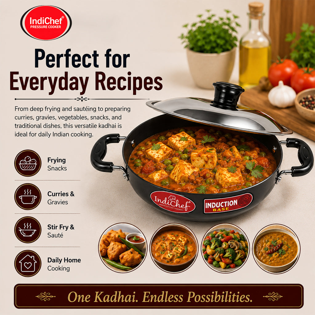 IndiChef Hard Anodised Kadhai with Lid | Gas Stove & Induction Friendly | Metal Spoon Safe | Riveted Handle | Easy to Clean |