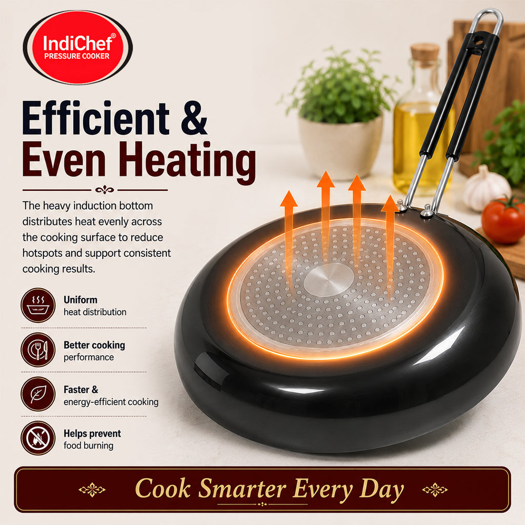 IndiChef Hard Anodised Frypan with Lid | Gas Stove & Induction Friendly |Metal Spoon Safe, Riveted Handle, Healthy Cooking, less Oil Use, Easy to Clean |