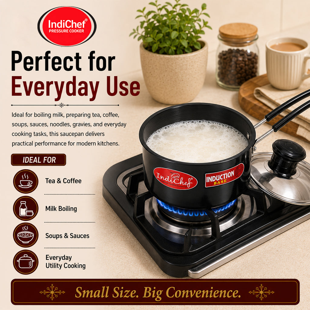 IndiChef Hard Anodised Saucepan Tea pan Milk pan with Lid | Gas Stove & Induction Friendly |Metal Spoon Safe, Riveted Handle, Healthy Cooking, less Oil Use, Easy to Clean |