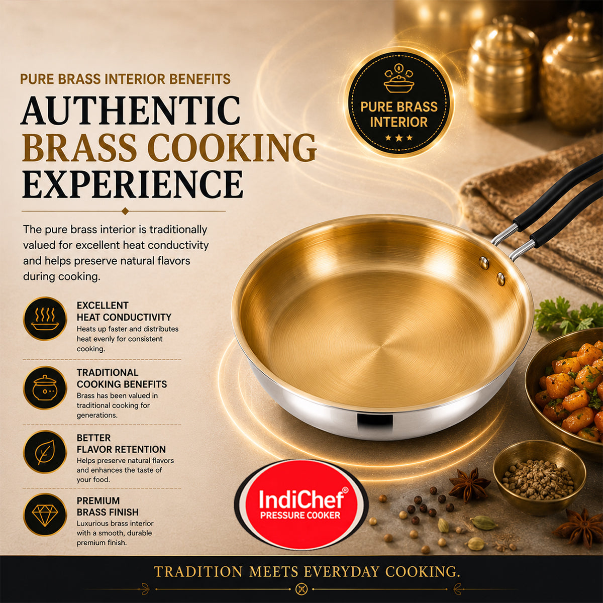 IndiChef Brass Triply Frypan in heavy weight with Lid | Gas Stove & Induction Friendly | Insulated Heat-Resistant Handle | Pure Pital/Brass Tea Pan with Triply body | Chemical-Free