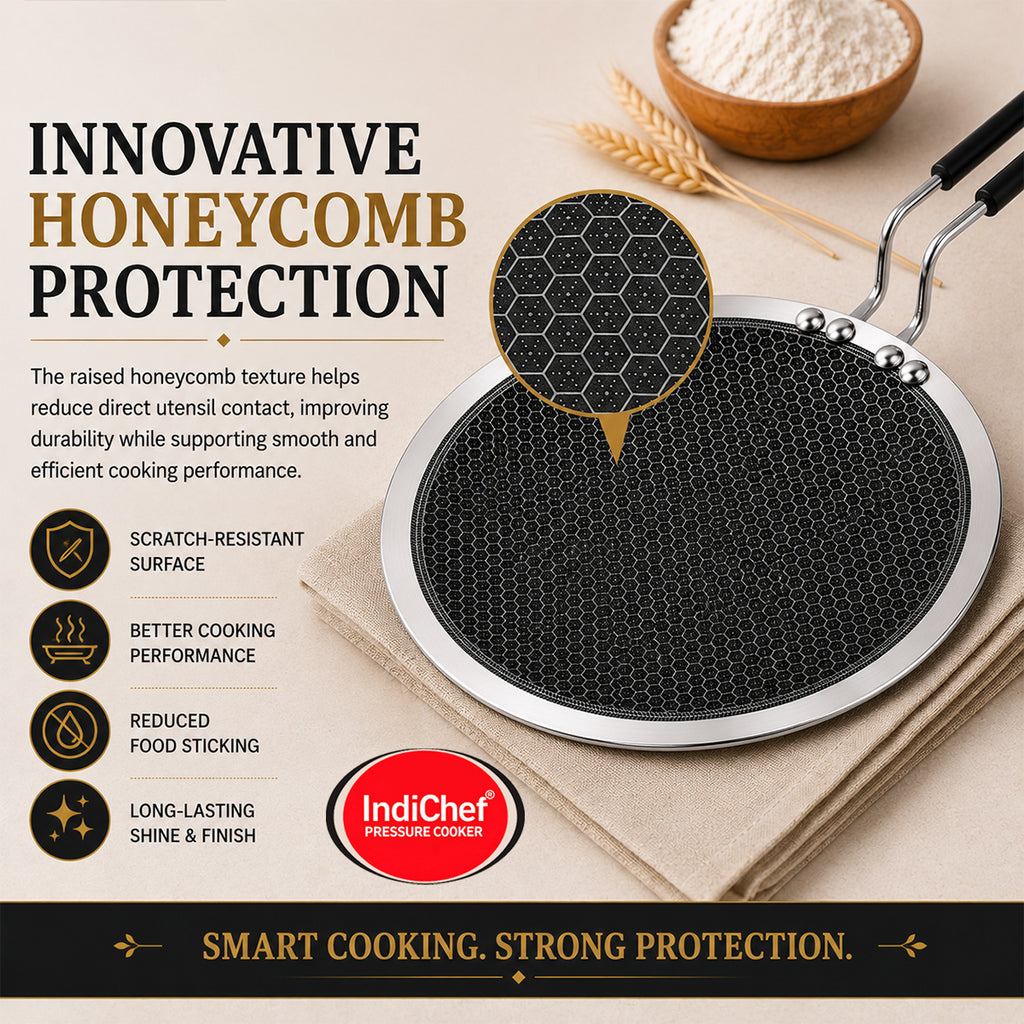 IndiChef Honeycomb triply Stainless Steel Roti Tawa | Heavy-Duty Base for Less-oil, Healthy Cooking | Suitable for Induction & Gas | Durable, Scratch-Resistant Surface | 60 month warranty