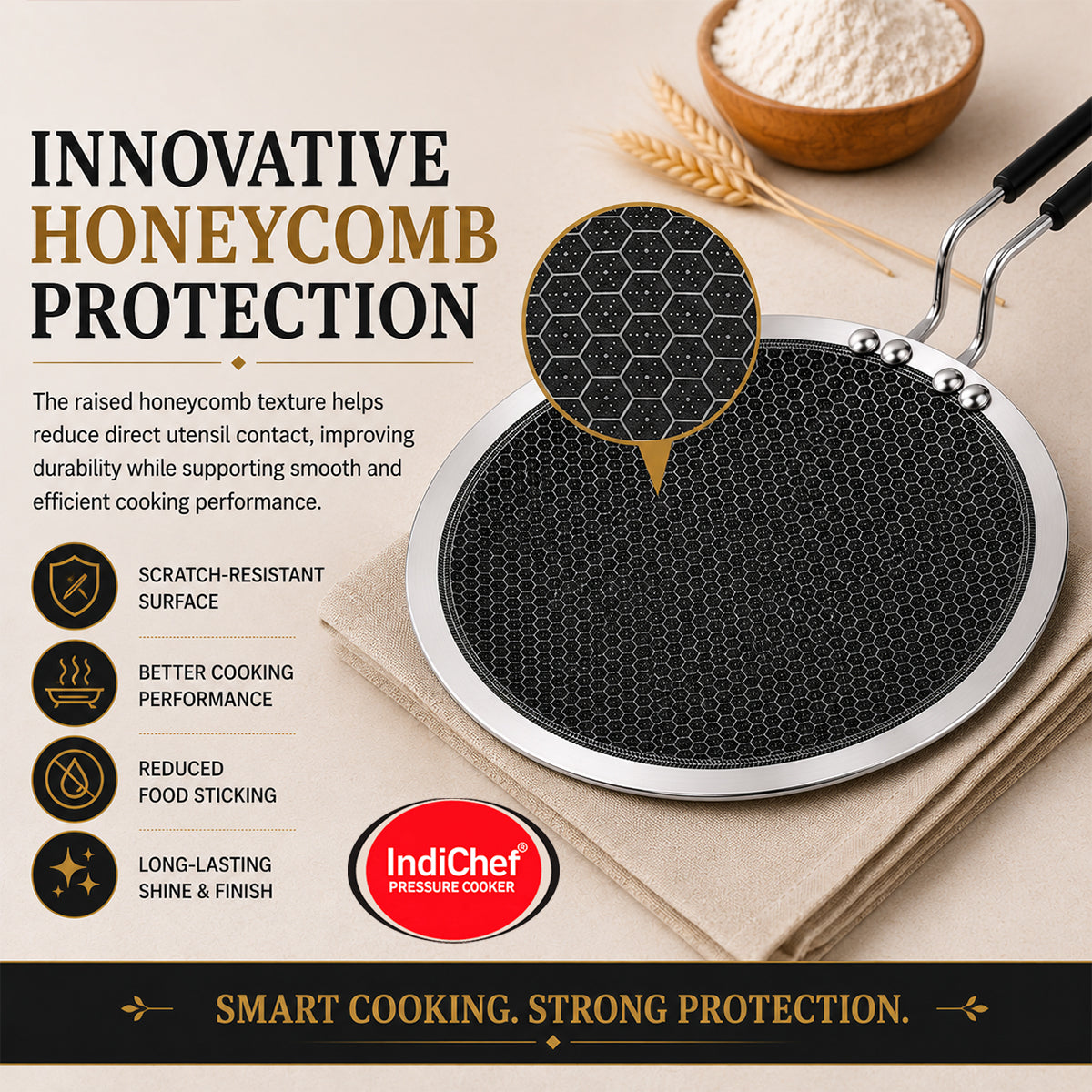 IndiChef Honeycomb triply Stainless Steel Roti Tawa | Heavy-Duty Base for Less-oil, Healthy Cooking | Suitable for Induction & Gas | Durable, Scratch-Resistant Surface | 60 month warranty