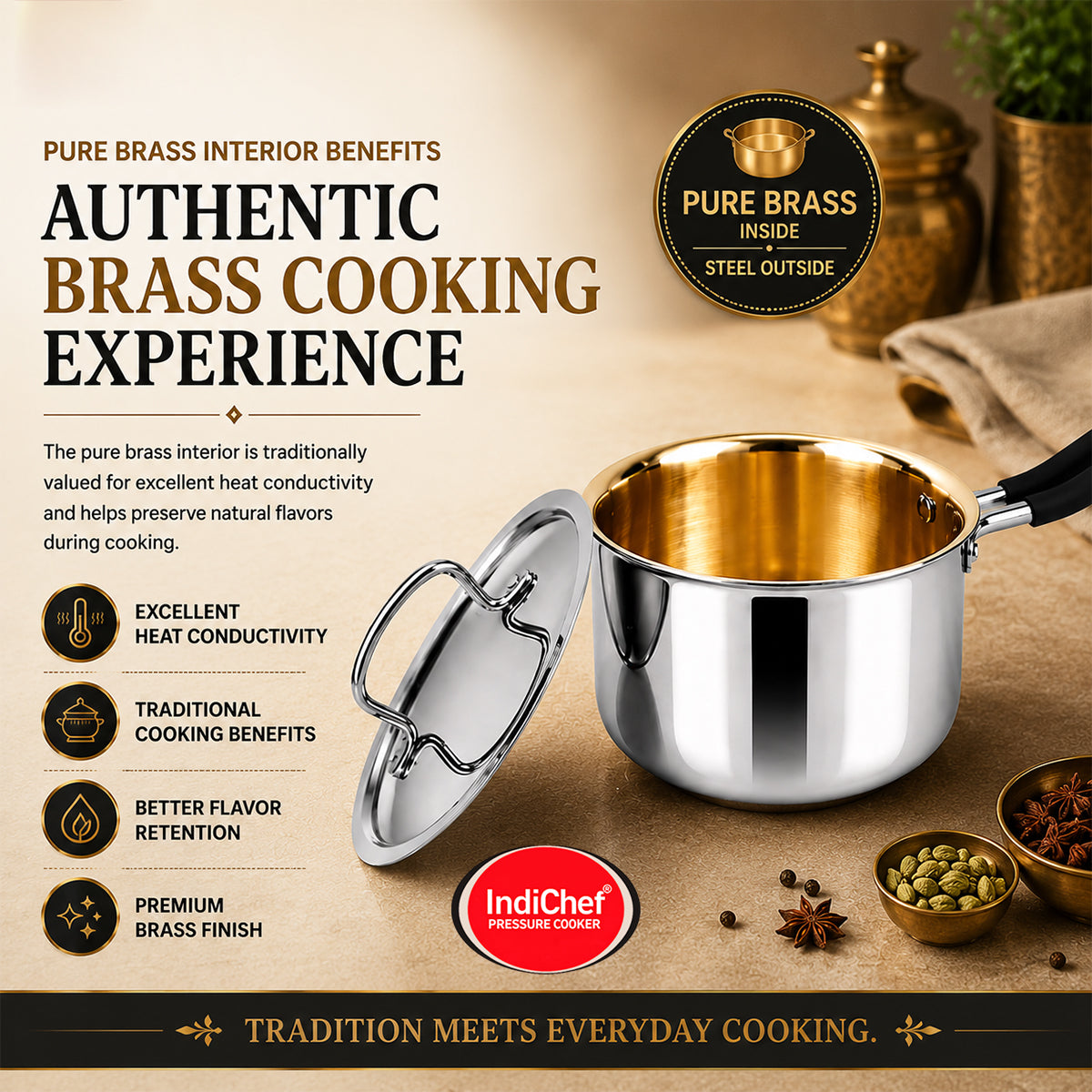 IndiChef Brass Triply Saucepan Tea pan Milk pan in heavy weight with Lid | Gas Stove & Induction Friendly | Insulated Heat-Resistant Handle | Pure Pital/Brass Tea Pan with Triply body | Chemical-Free