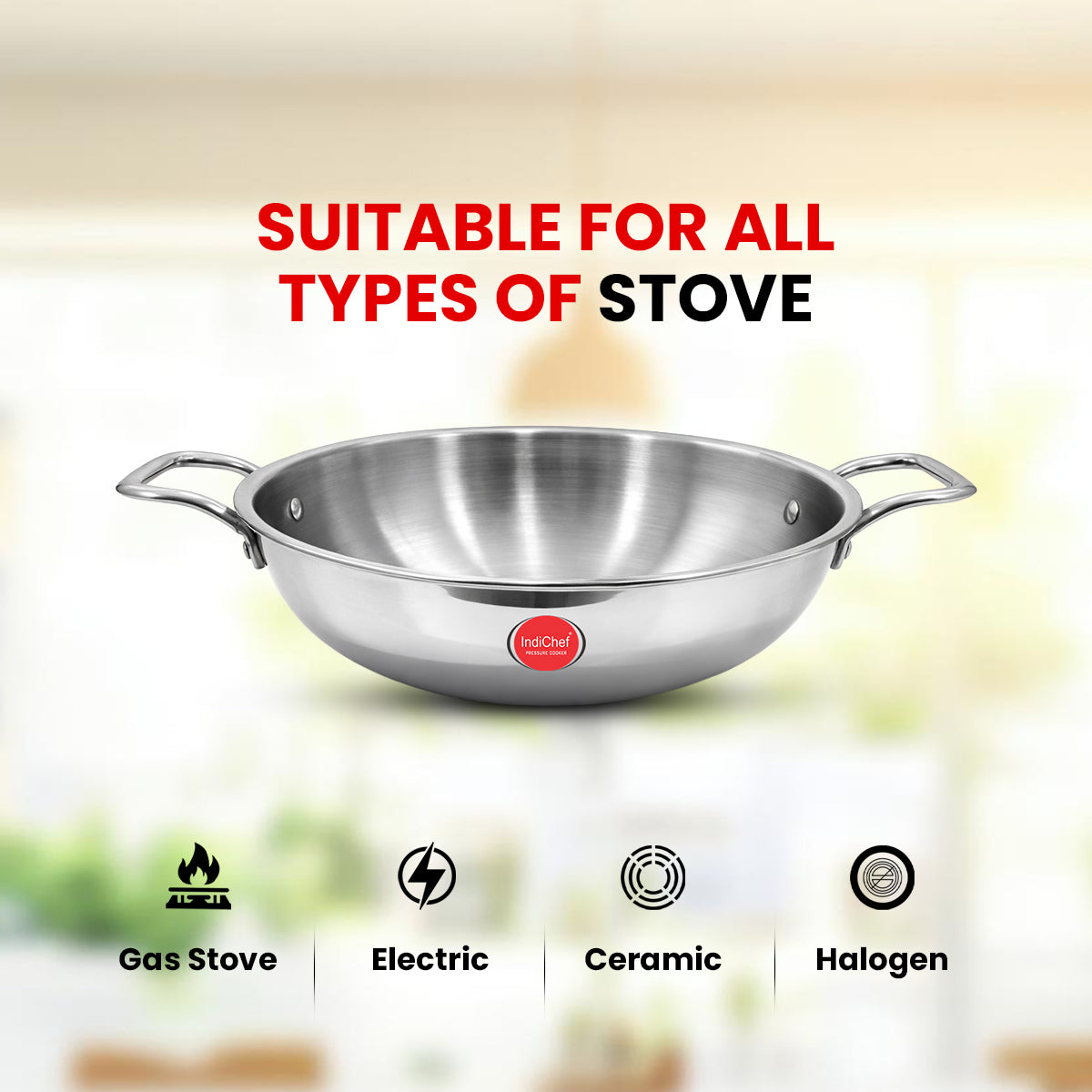 IndiChef Tri-Ply Stainless Steel Kadahi/Kadhai | Heavy-Duty Base for Less-oil, Healthy Cooking | Suitable for Induction & Gas | Durable, Scratch-Resistant Surface |