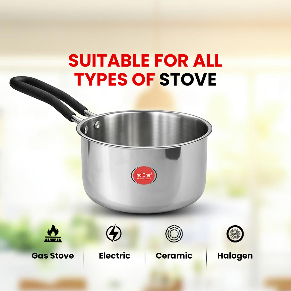 Indichef Triply Stainless Steel Saucepan with Lid | 2.5 mm Thick | Tea, Chai Pan | Induction & Gas Friendly, Heavy Bottom - Silver