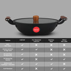 IndiChef Cast Iron Kadahi Cooking Pan with Lid | for Kitchen Frying Saute Cooking Use | Deep Kadhai with Cover | Metal Body Cooking Utensil | Gas Stove Compatible Cooking Pan with Handle and Lid