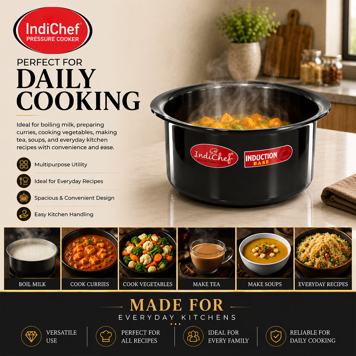 IndiChef Hard Anodised Top | Gas Stove & Induction Friendly |Metal Spoon Safe, Riveted Handle, Healthy Cooking, less Oil Use, Easy to Clean