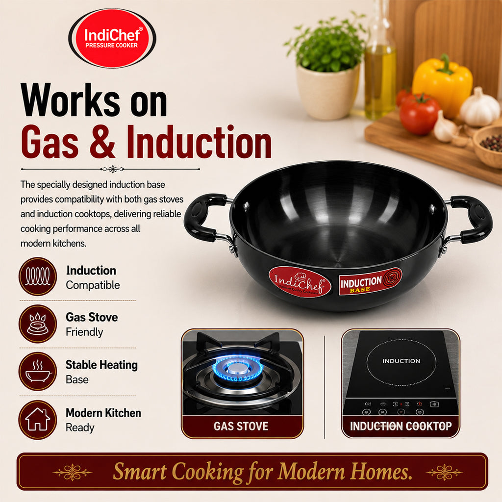 IndiChef Hard Anodised Kadhai with Lid | Gas Stove & Induction Friendly | Metal Spoon Safe | Riveted Handle | Easy to Clean |