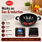 IndiChef Hard Anodised Kadhai with Lid | Gas Stove & Induction Friendly | Metal Spoon Safe | Riveted Handle | Easy to Clean |