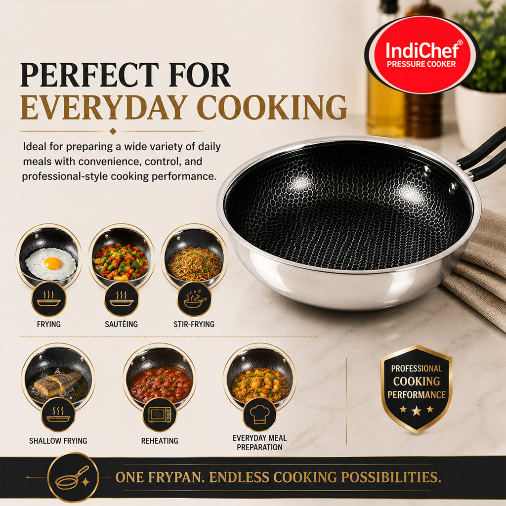IndiChef Honeycomb Triply Stainless Steel Fry Pan with Lid | Heavy-Duty Base for Less-Oil, Healthy Cooking | Suitable for Induction & Gas | Durable, Scratch-Resistant Surface | 60 month warranty