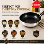 IndiChef Honeycomb Triply Stainless Steel Fry Pan with Lid | Heavy-Duty Base for Less-Oil, Healthy Cooking | Suitable for Induction & Gas | Durable, Scratch-Resistant Surface | 60 month warranty