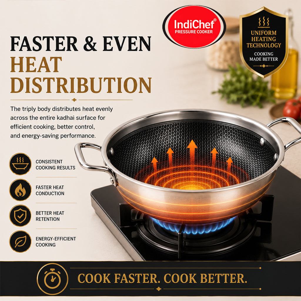 IndiChef Honeycomb triply Stainless Steel kadahi/kadhai with Lid | Heavy-Duty Base for Less-oil, Healthy Cooking | Suitable for Induction & Gas | Durable, Scratch-Resistant Surface | 60 month warranty