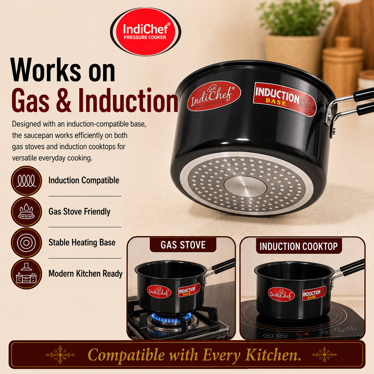IndiChef Hard Anodised Saucepan Tea pan Milk pan with Lid | Gas Stove & Induction Friendly |Metal Spoon Safe, Riveted Handle, Healthy Cooking, less Oil Use, Easy to Clean |