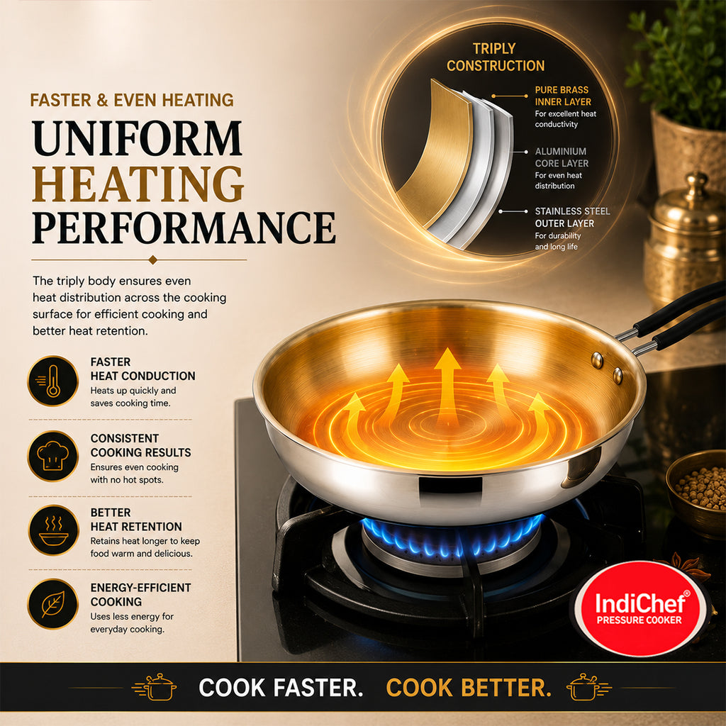 IndiChef Brass Triply Frypan in heavy weight with Lid | Gas Stove & Induction Friendly | Insulated Heat-Resistant Handle | Pure Pital/Brass Tea Pan with Triply body | Chemical-Free
