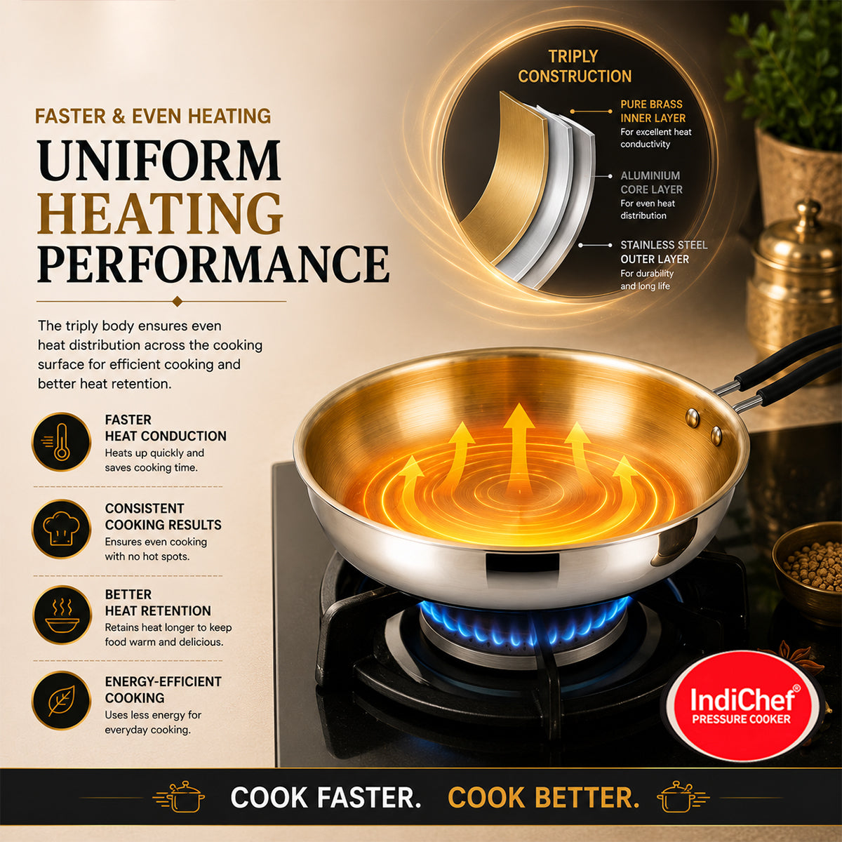 IndiChef Brass Triply Frypan in heavy weight with Lid | Gas Stove & Induction Friendly | Insulated Heat-Resistant Handle | Pure Pital/Brass Tea Pan with Triply body | Chemical-Free