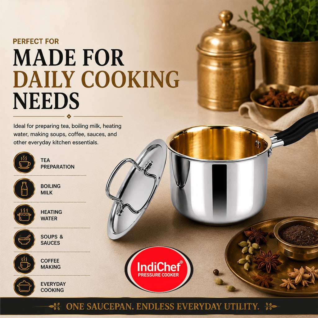 IndiChef Brass Triply Saucepan Tea pan Milk pan in heavy weight with Lid | Gas Stove & Induction Friendly | Insulated Heat-Resistant Handle | Pure Pital/Brass Tea Pan with Triply body | Chemical-Free