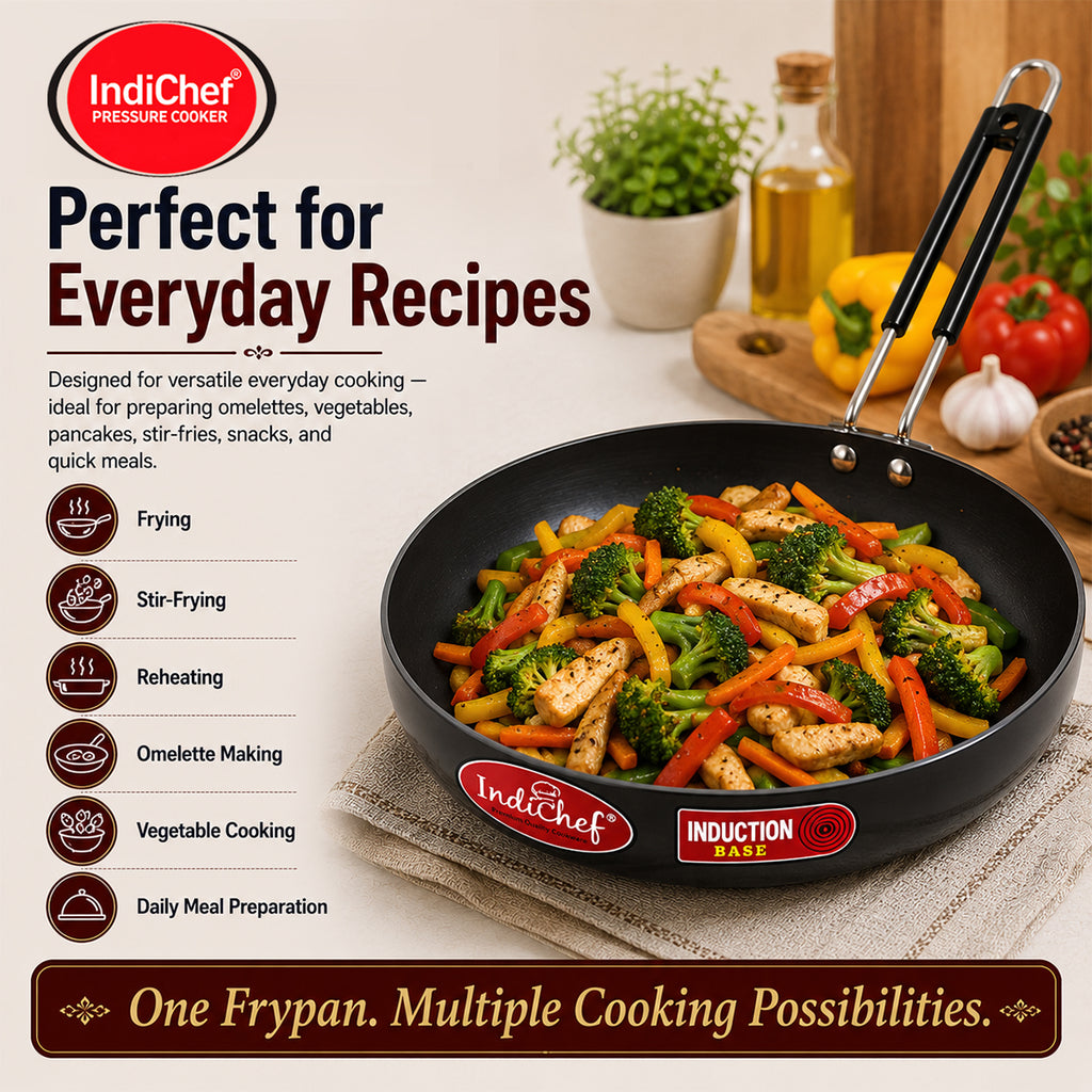 IndiChef Hard Anodised Frypan with Lid | Gas Stove & Induction Friendly |Metal Spoon Safe, Riveted Handle, Healthy Cooking, less Oil Use, Easy to Clean |