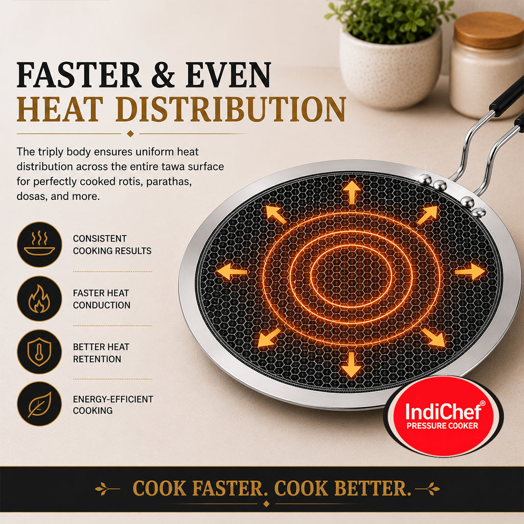 IndiChef Honeycomb triply Stainless Steel Roti Tawa | Heavy-Duty Base for Less-oil, Healthy Cooking | Suitable for Induction & Gas | Durable, Scratch-Resistant Surface | 60 month warranty