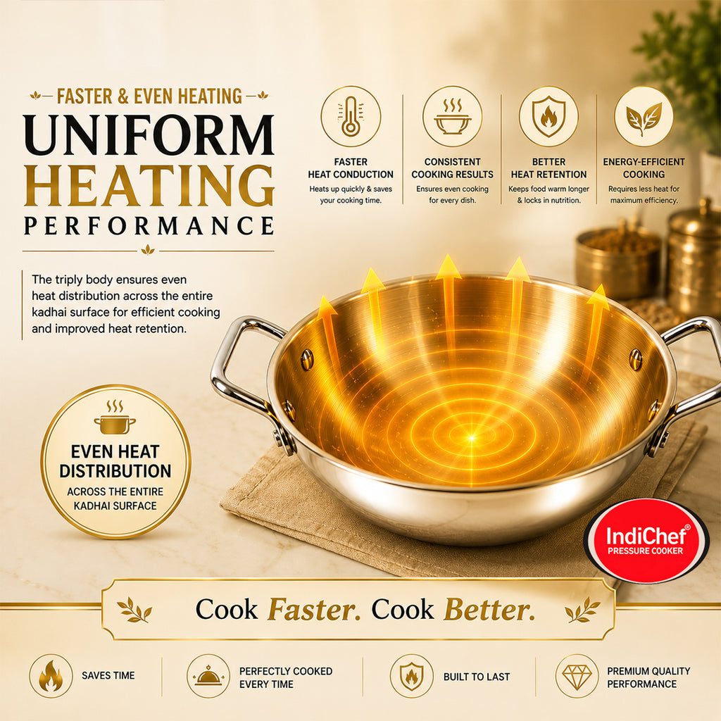 IndiChef Brass Triply Kadahi in heavy weight with Lid | Gas Stove & Induction Friendly | Insulated Heat-Resistant Handle | Pure Pital/Brass Tea Pan with Triply body | Chemical-Free