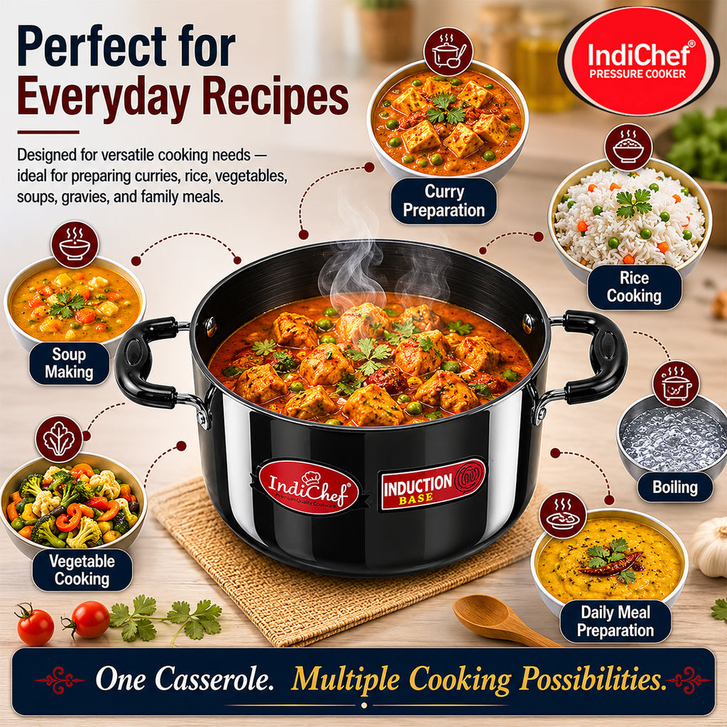 IndiChef Hard Anodised casserole with Lid | Gas Stove & Induction Friendly |Metal Spoon Safe, Riveted Handle, Healthy Cooking, less Oil Use, Easy to Clean
