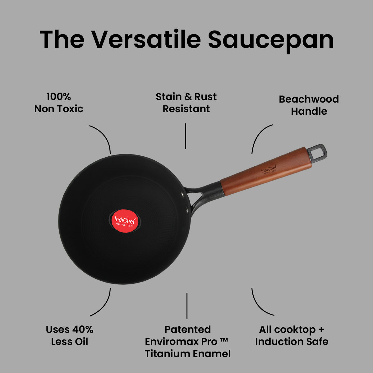 IndiChef Cast Iron Sauce Pan with Cover Cooking Pot | Milk Tea Boiling Heating Kitchen Use Gas Stove Induction Cooking | Stainless Steel Body Glass Lid Handle Grip Multipurpose Cooking Utensil