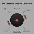 IndiChef Cast Iron Shallow Casserole with Cover Cooking Pan | Serving Cooking Storage Use Kitchen Gas Stove Induction Use | Glass Lid Side Handles Flat Base Multipurpose Cookware