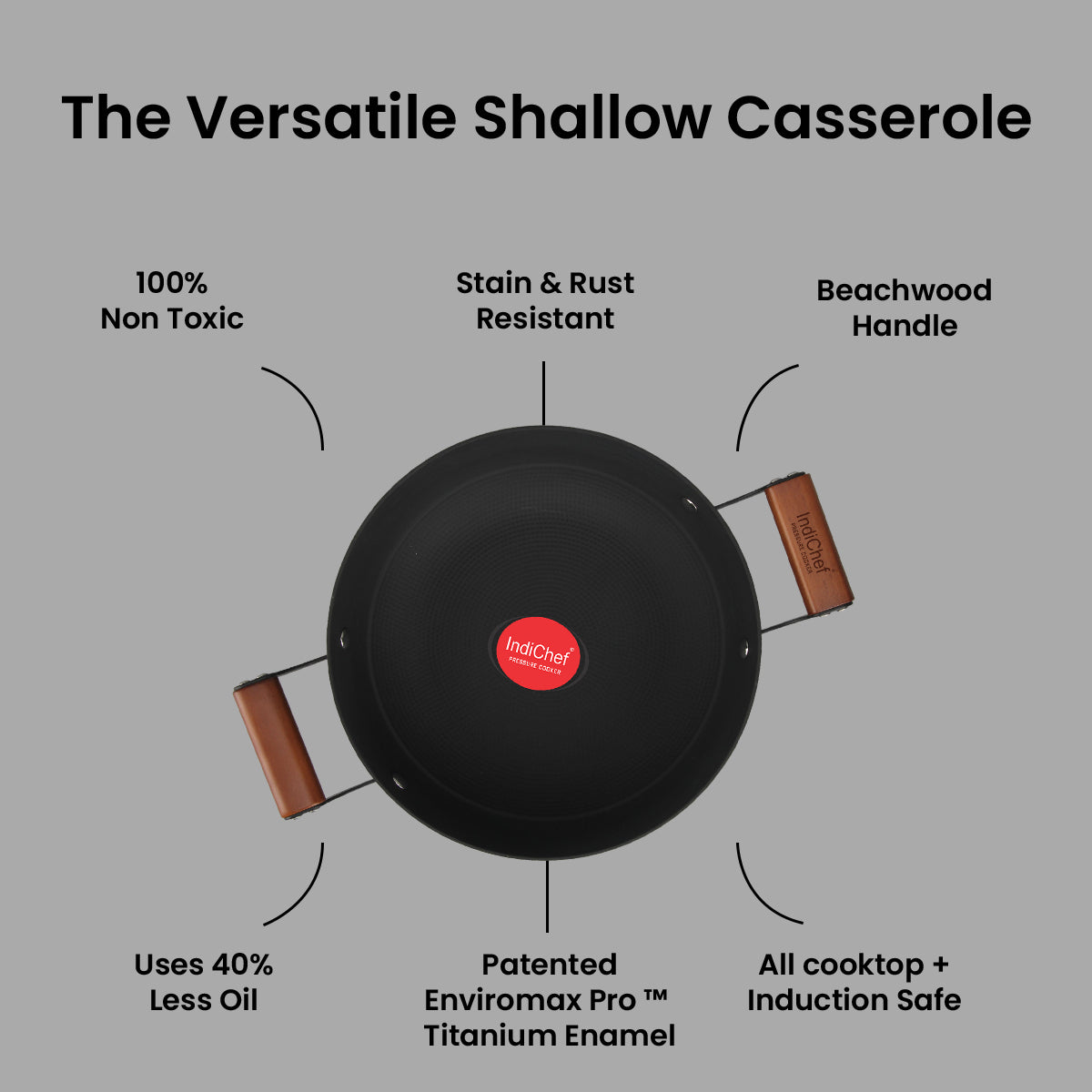 IndiChef Cast Iron Shallow Casserole with Cover Cooking Pan | Serving Cooking Storage Use Kitchen Gas Stove Induction Use | Glass Lid Side Handles Flat Base Multipurpose Cookware