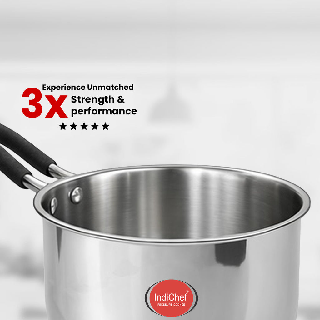 Indichef Triply Stainless Steel Saucepan with Lid | 2.5 mm Thick | Tea, Chai Pan | Induction & Gas Friendly, Heavy Bottom - Silver