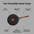 IndiChef Cast Iron DOSA Tawa Cooking Pan | for Dosa Uttapam Crepe Making Use | Flat Tawa for Kitchen Cooking | Metal Body Cooking Surface | Gas Stove Compatible Tawa with Handle Cooking Pan