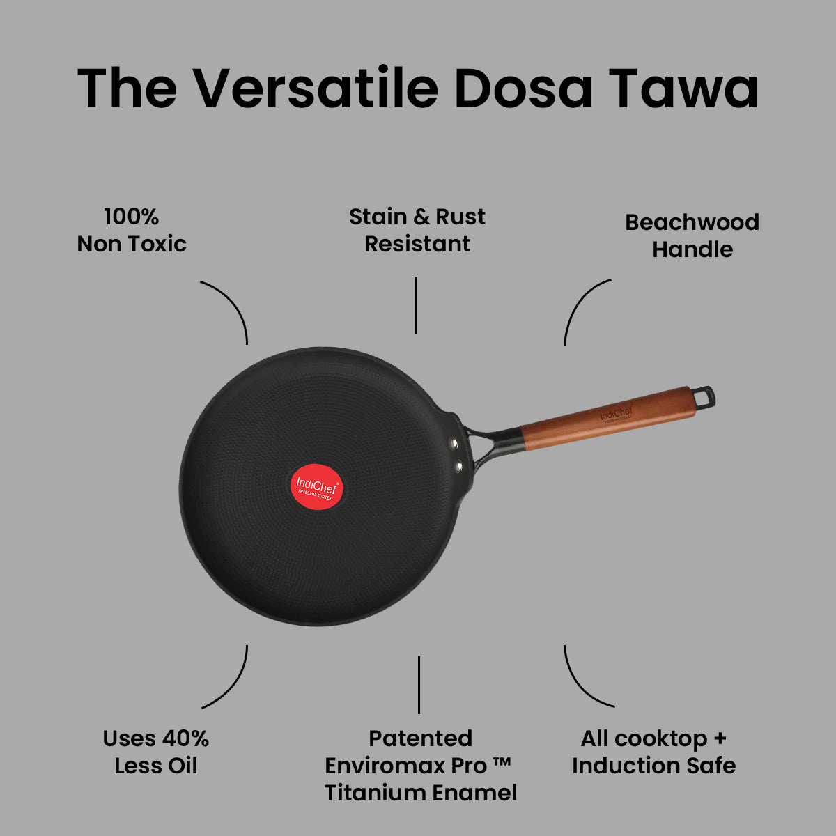 IndiChef Cast Iron DOSA Tawa Cooking Pan | for Dosa Uttapam Crepe Making Use | Flat Tawa for Kitchen Cooking | Metal Body Cooking Surface | Gas Stove Compatible Tawa with Handle Cooking Pan