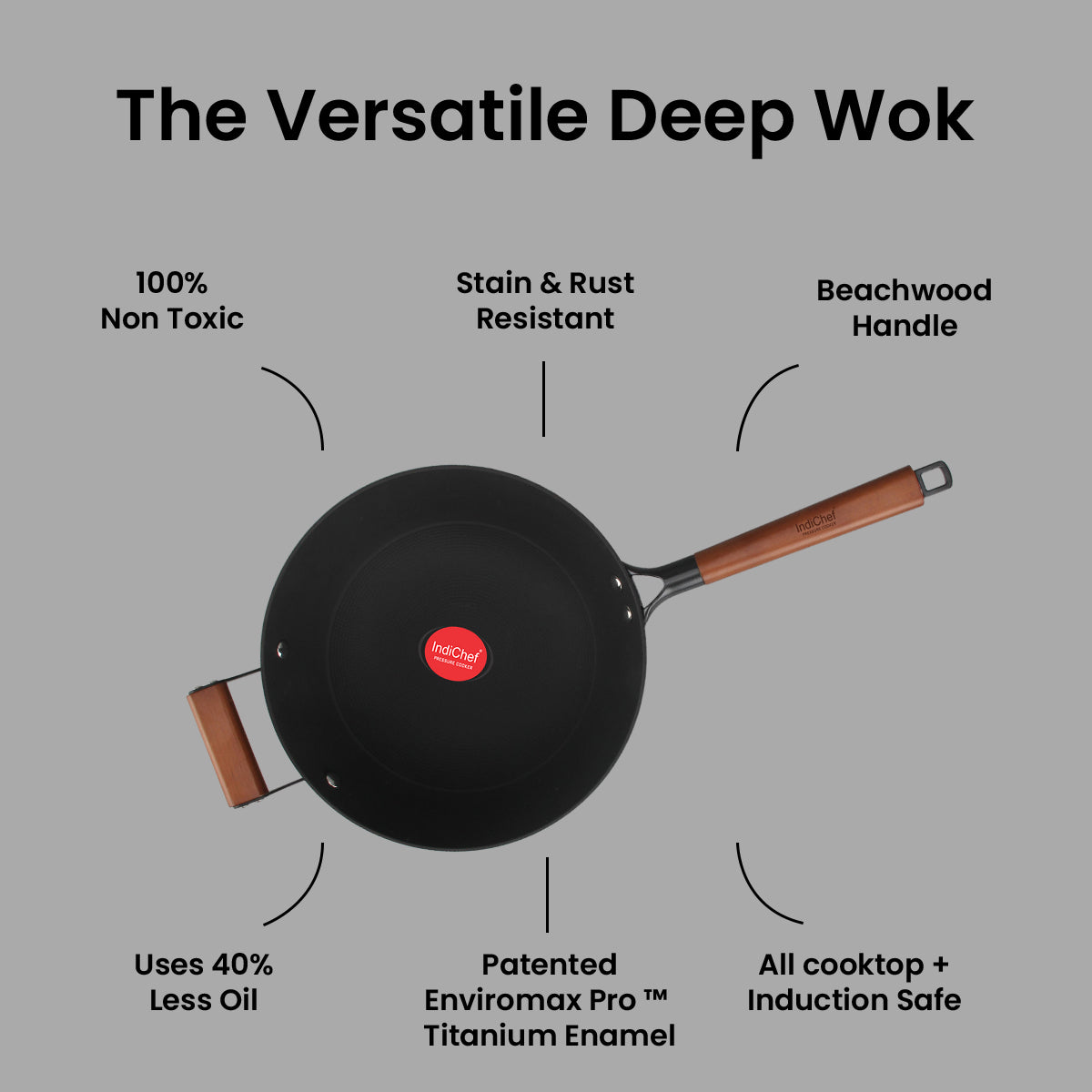 IndiChef Cast Iron Deep Wok With Cover | Wok For Frying Saute Cooking Kitchen Use | Long Handle With Side Helper For Lifting Control | Metal Body Round Base Pan With Lid For Food Preparation And Cooking