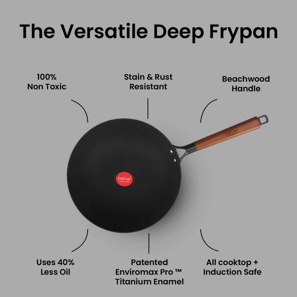 IndiChef Cast Iron Deep Frying Pan with Cover | Cooking Utensil for Frying Saute and Stir Cooking Use | Metal Kadai with Lid for Kitchen Cooking Tasks | Round Deep Pan for Oil Based Cooking Food