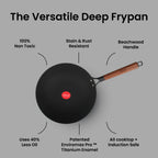 IndiChef Cast Iron Deep Frying Pan with Cover | Cooking Utensil for Frying Saute and Stir Cooking Use | Metal Kadai with Lid for Kitchen Cooking Tasks | Round Deep Pan for Oil Based Cooking Food