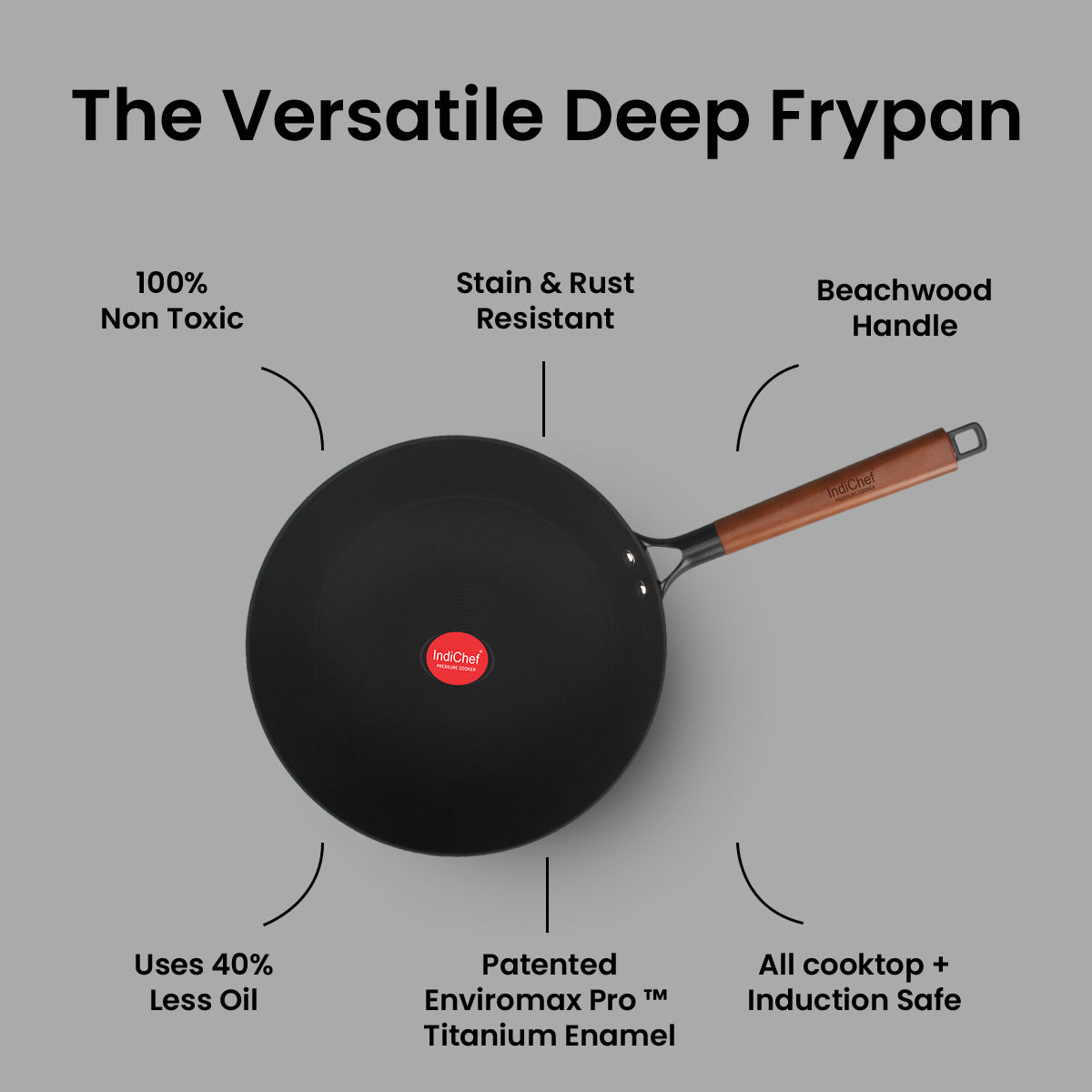 IndiChef Cast Iron Deep Frying Pan with Cover | Cooking Utensil for Frying Saute and Stir Cooking Use | Metal Kadai with Lid for Kitchen Cooking Tasks | Round Deep Pan for Oil Based Cooking Food