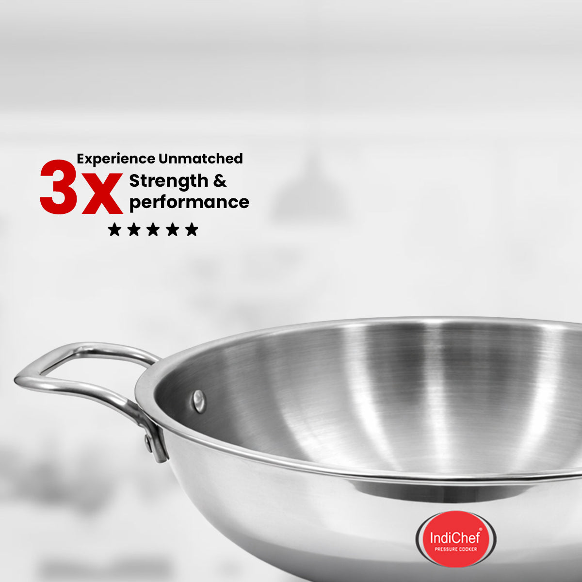 IndiChef Tri-Ply Stainless Steel Kadahi/Kadhai | Heavy-Duty Base for Less-oil, Healthy Cooking | Suitable for Induction & Gas | Durable, Scratch-Resistant Surface |
