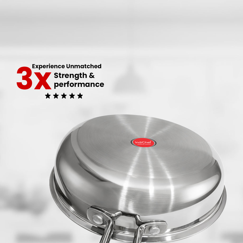 IndiChef Tri-Ply Stainless Steel Fry Pan | Heavy-Duty Base for Less-oil, Healthy Cooking | Suitable for Induction & Gas | Durable, Scratch-Resistant Surface |