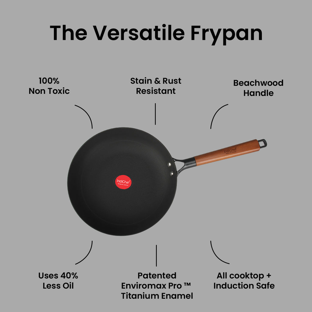 IndiChef Cast Iron Frying Pan with glass lid | for Cooking Frying Sauteing Kitchen Use | Flat Base Cookware Pan | Induction and Gas Compatible Pan with Handle