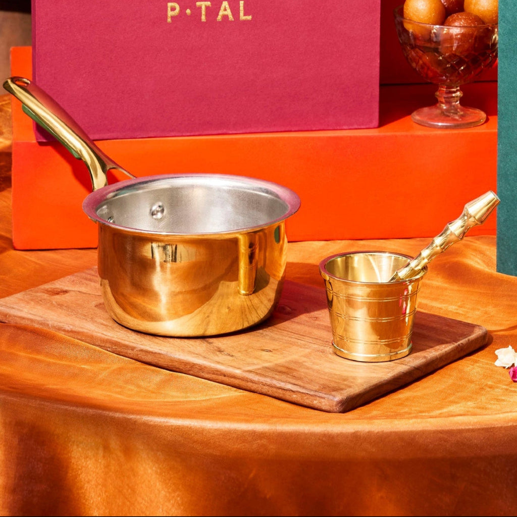 Chai Starter Kit (Brass Saucepan with Insulated handle + Brass Mortar and Pestle)