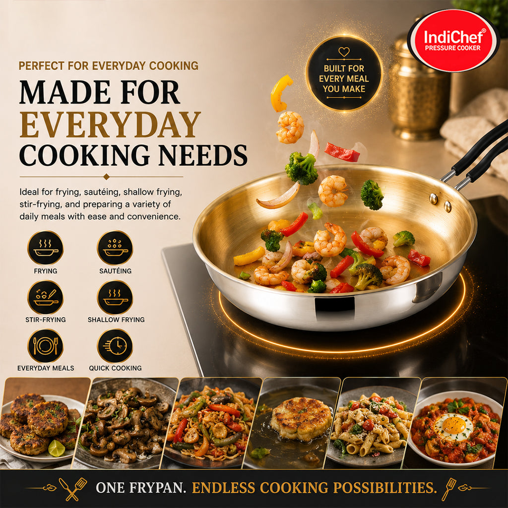 IndiChef Brass Triply Frypan in heavy weight with Lid | Gas Stove & Induction Friendly | Insulated Heat-Resistant Handle | Pure Pital/Brass Tea Pan with Triply body | Chemical-Free