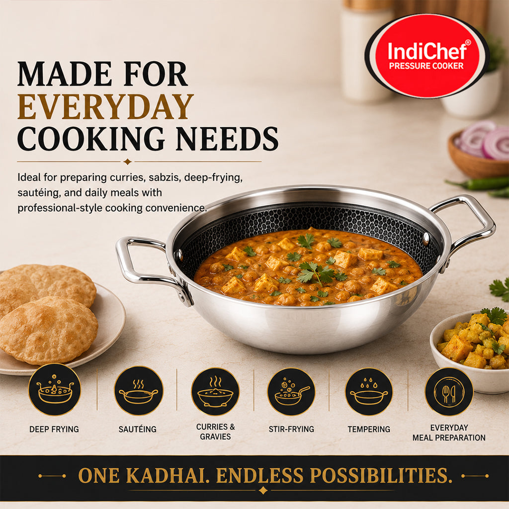 IndiChef Honeycomb triply Stainless Steel kadahi/kadhai with Lid | Heavy-Duty Base for Less-oil, Healthy Cooking | Suitable for Induction & Gas | Durable, Scratch-Resistant Surface | 60 month warranty