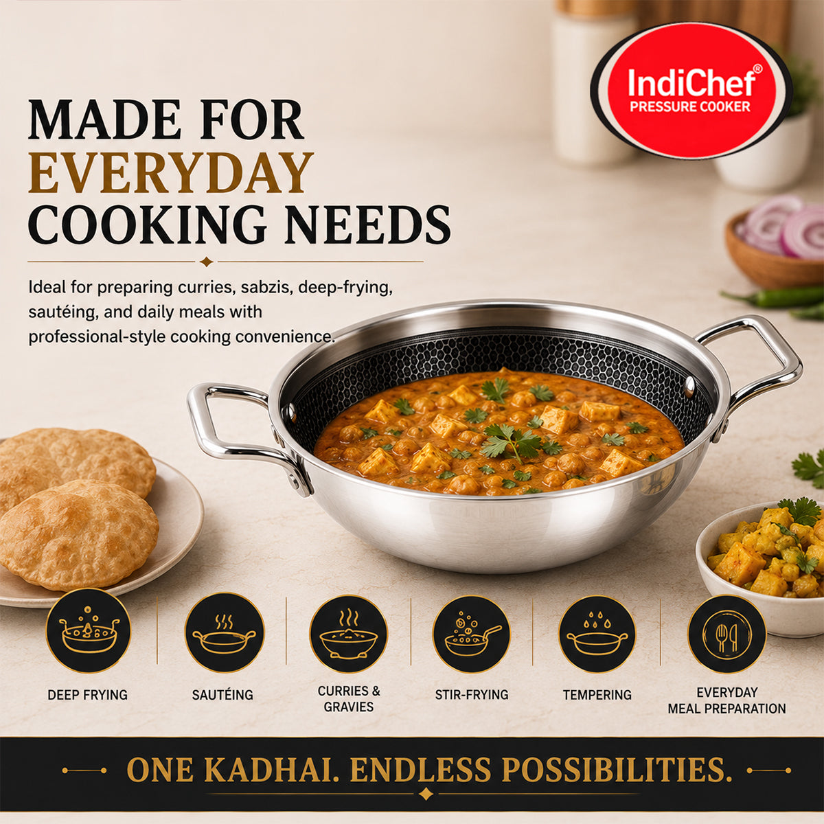 IndiChef Honeycomb triply Stainless Steel kadahi/kadhai with Lid | Heavy-Duty Base for Less-oil, Healthy Cooking | Suitable for Induction & Gas | Durable, Scratch-Resistant Surface | 60 month warranty