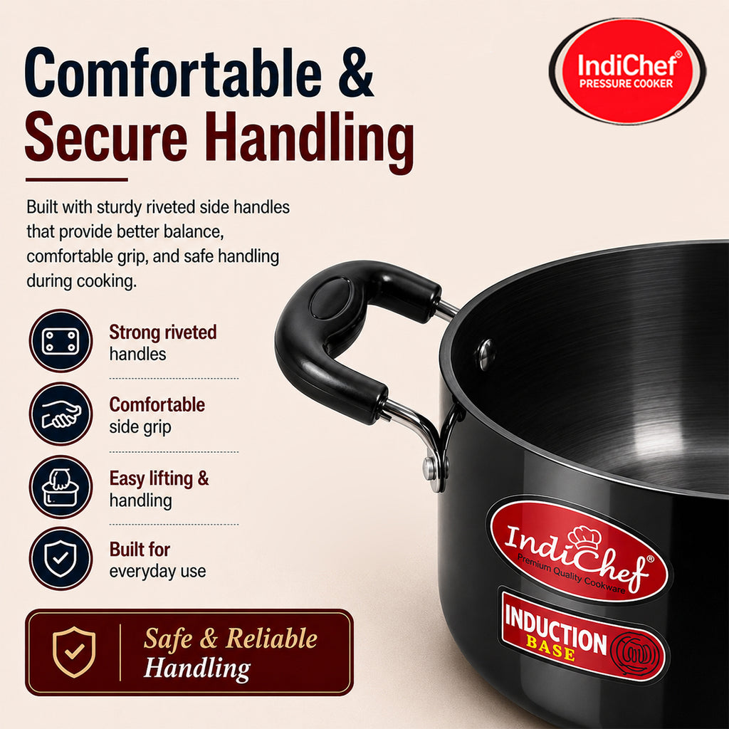 IndiChef Hard Anodised casserole with Lid | Gas Stove & Induction Friendly |Metal Spoon Safe, Riveted Handle, Healthy Cooking, less Oil Use, Easy to Clean