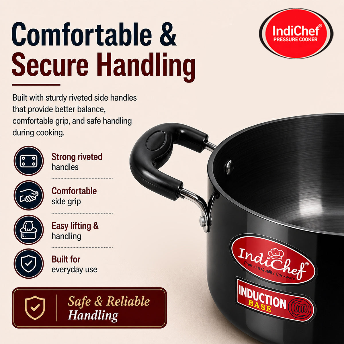 IndiChef Hard Anodised casserole with Lid | Gas Stove & Induction Friendly |Metal Spoon Safe, Riveted Handle, Healthy Cooking, less Oil Use, Easy to Clean