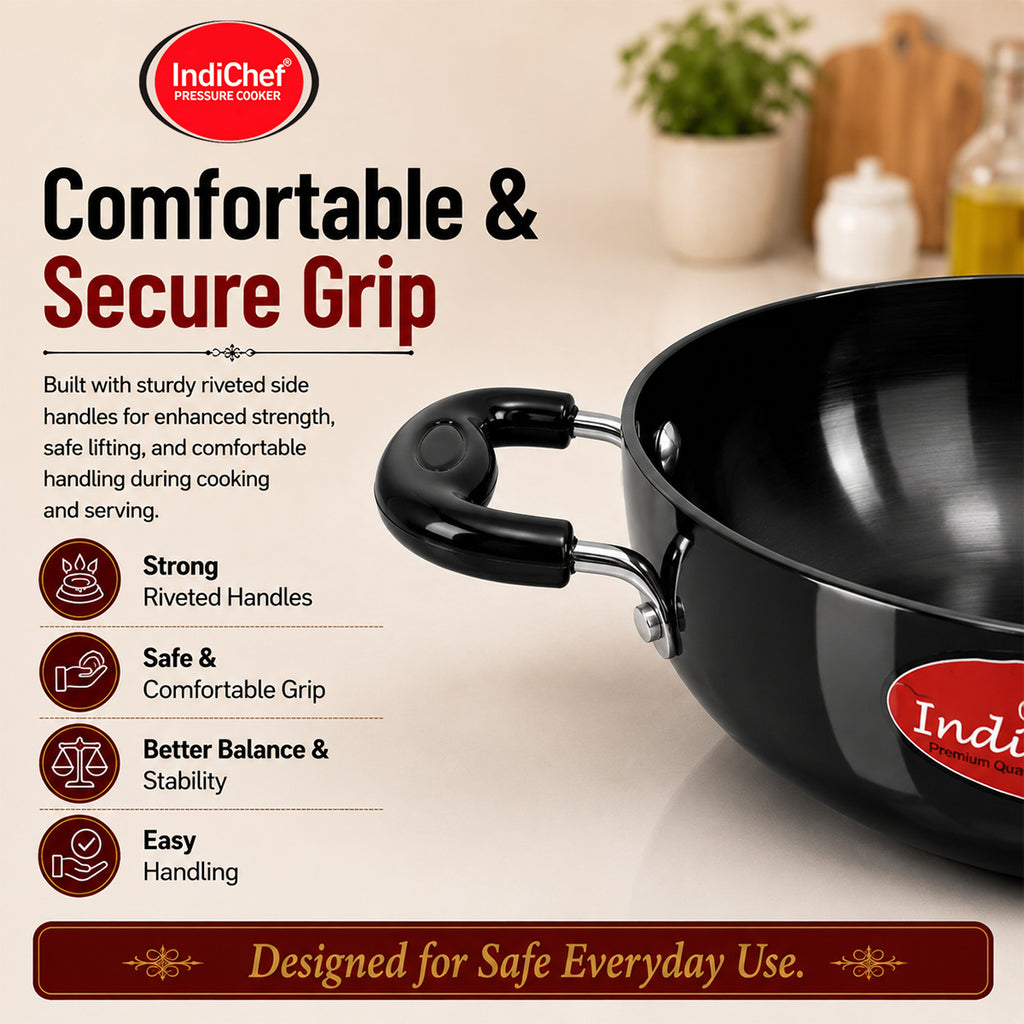 IndiChef Hard Anodised Kadhai with Lid | Gas Stove & Induction Friendly | Metal Spoon Safe | Riveted Handle | Easy to Clean |