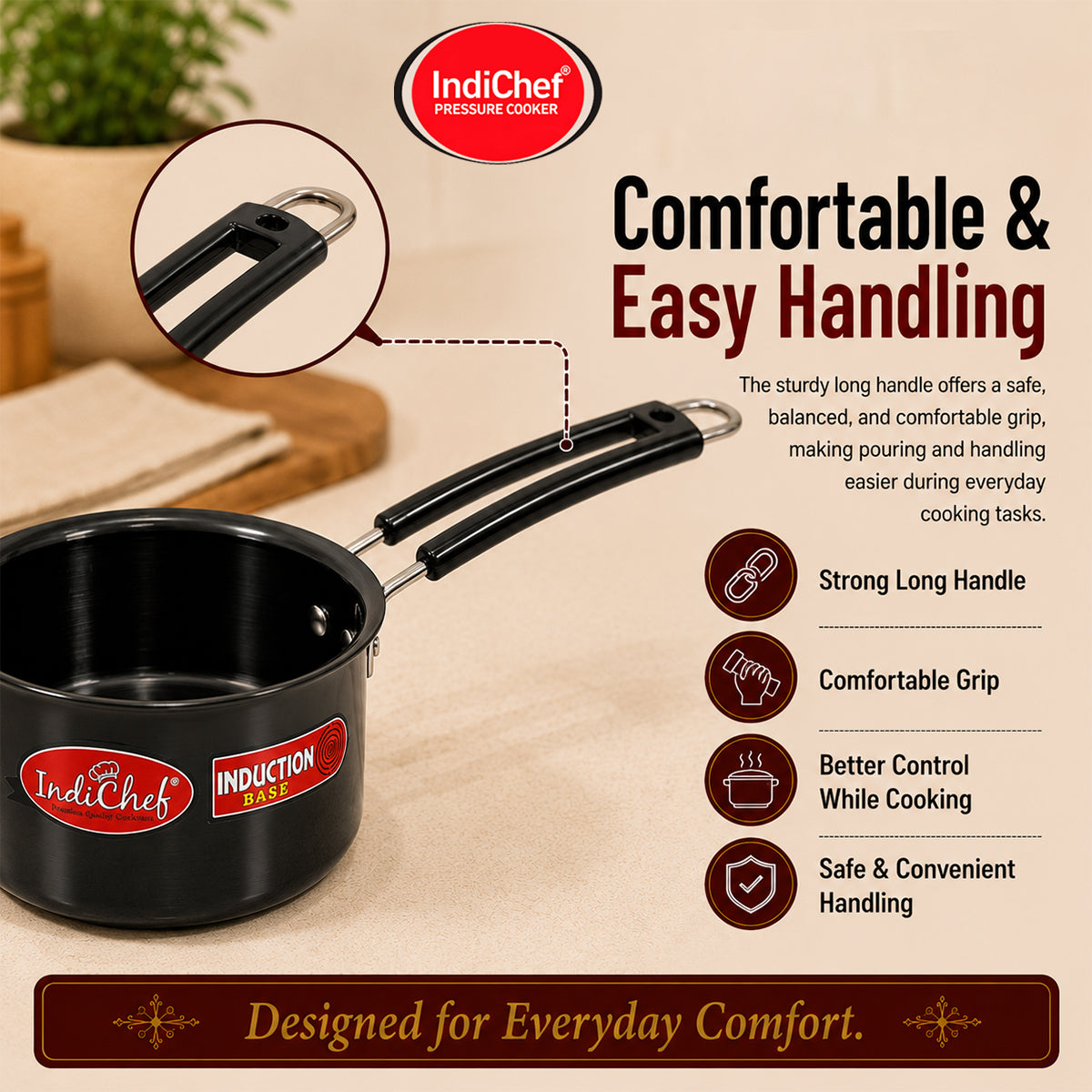 IndiChef Hard Anodised Saucepan Tea pan Milk pan with Lid | Gas Stove & Induction Friendly |Metal Spoon Safe, Riveted Handle, Healthy Cooking, less Oil Use, Easy to Clean |